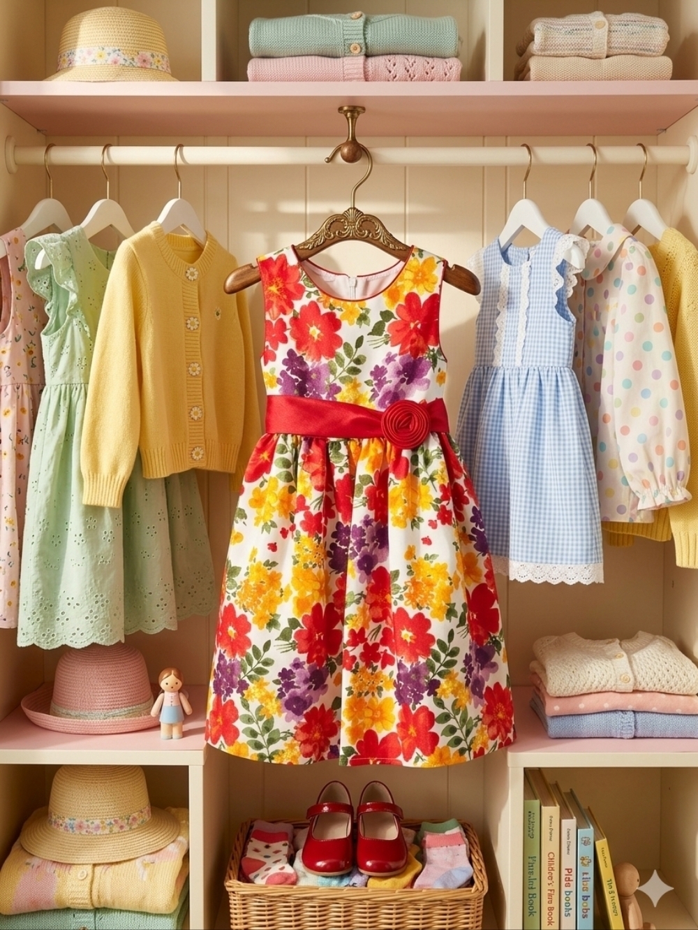 American Princess- NWT Lovely red, green, orange,yellow floral dress, Si…